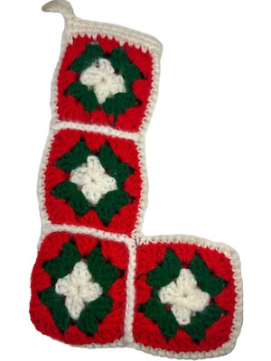 Vintage Christmas Stockings Granny Square Crochet Handmade Red White Green 13 
