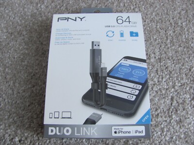 PNY DUO Link 64GB USB 3.0 OTG Flash Drive for iOS Devices and Computers - Gray