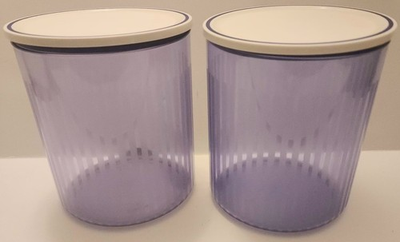 #ad VTG Tupperware 2qt Deluxe Canister Clear Blue amp; White Stripe #3100 #309 Set of 2 $29.99
