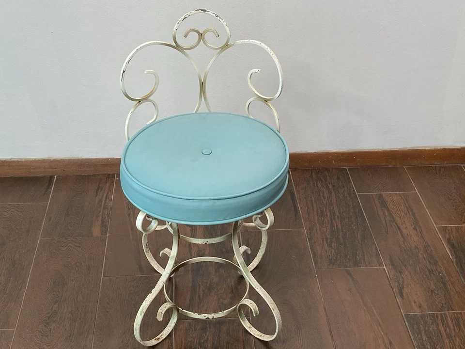 Silla tocador de hierro forjado redonda Mid Century Aqua de colección cojín base desplazada ¡Guau! Foto 2 de 4