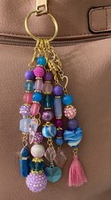 New Artisan Beaded Handbag Jewelry Purse Charm Keychain Blue Purple Pink