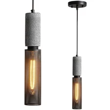 Concrete Linear Pendant Light with a Metal Mesh Shade,Modern Industrial Hangi...