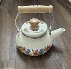 Vintage Enamel Lincoware Tea Pot Kettle Flowers Pattern Wood Handles RARE — photo 1