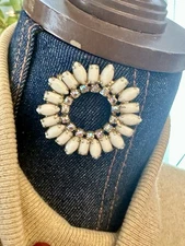 Vintage White Milk Glass & Rhinestone Floral Petals Pinwheel Brooch Pin