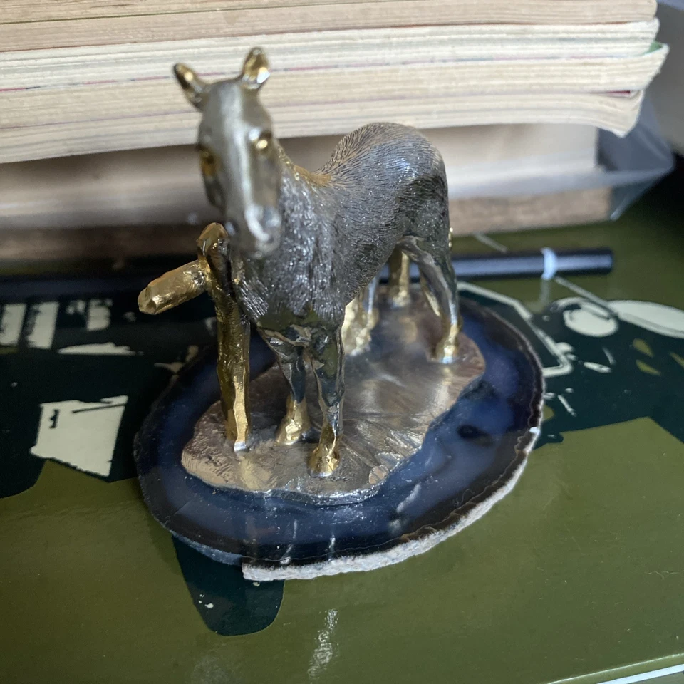 scultura cavallo in argento finiture dorate 925 e pietra d’agata vintage - Immagine 3 di 4
