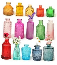 Set of Colorful Glass Bud Vases - Small Textured Flower Vases for 15