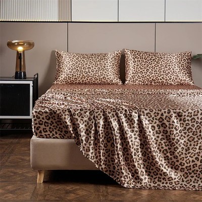 Luxury Satin Bed Sheets Queen King Set Leopard Print Soft 4PC Bedding Sets