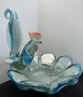Vintage Mexican Murano Style Blown Art Glass Blue Swirl Tail Rooster Dish 9x9