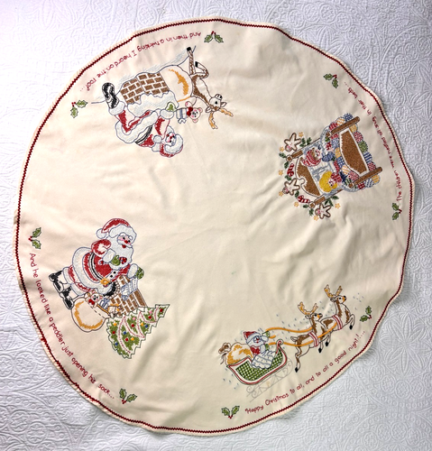 Handmade Cross Stitch Twas the Night Before Christmas Tree Skirt 41" Embroidered