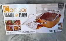 5 pc Copper Square Casserole 9.5" Pan Frying Basket Steamer Rack Lid Recipe Book