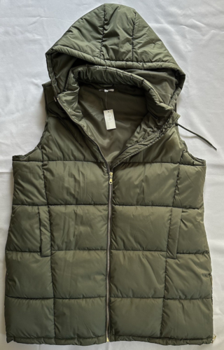 Maunces Ladies Hooded Puffer Vest Army Green Long 1X Lightweight Zip Quilted NWT