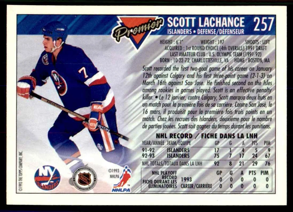 1993-94 Topps Premier Gold Scott Lachance New York Islanders #257 - Image 2 of 2