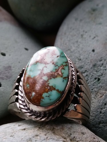 Size 9.5 Men's Number 8 Turquoise Sterling Silver Signed Ring By Cecil Atencio - Picture 4 of 12
