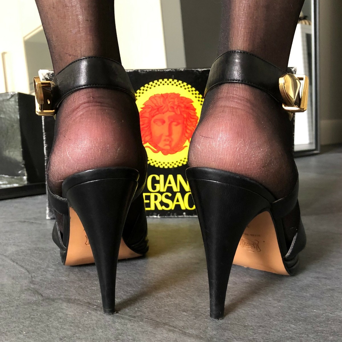 GIANNI VERSACE bondage shoes buckle ankle strap platform black