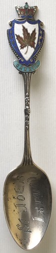 Antico cucchiaio souvenir argento sterling CANADA smalto corona foglia isola di St. Joe - Foto 2 di 5