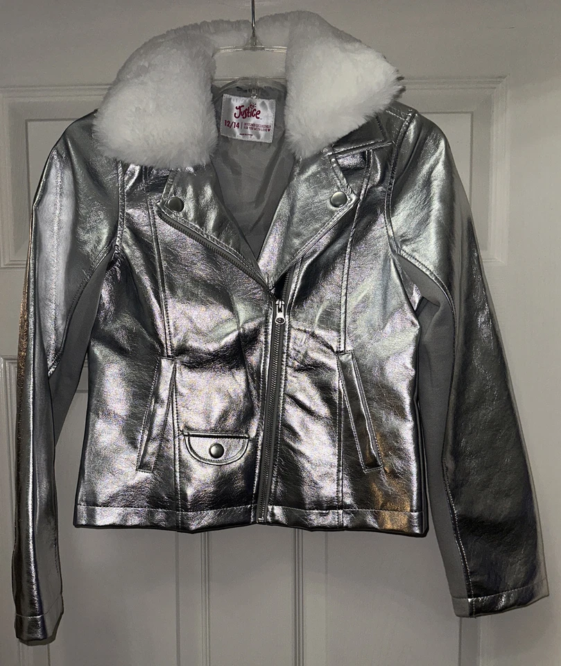 Chaqueta de Moto Justice Plateada Metálica Cuello de Piel Desmontable Niñas Talla 12/14 Foto 2 de 4