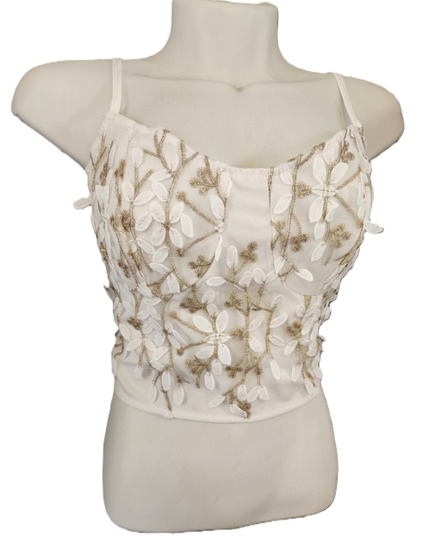 White floral halter top, Spaghetti strap, Zipper Back- size 6