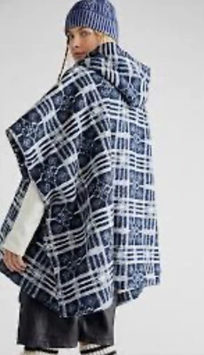 Free People Miss You Poncho Hood Faux Fur Line Slouchy Plaid Blue White M/L NWT - Image 1 of 4