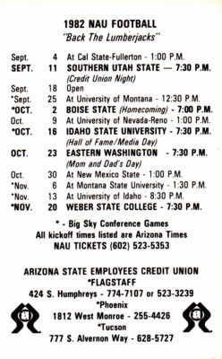 1982 NORTHERN ARIZONA UNIVERSITY LUMBERJACKS FOOTBALL POCKET