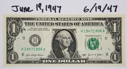 Birthday Note June 19, 1947 Dollar Bill Fancy Serial Number 2021 H Uncirculated - Picture 6 of 6