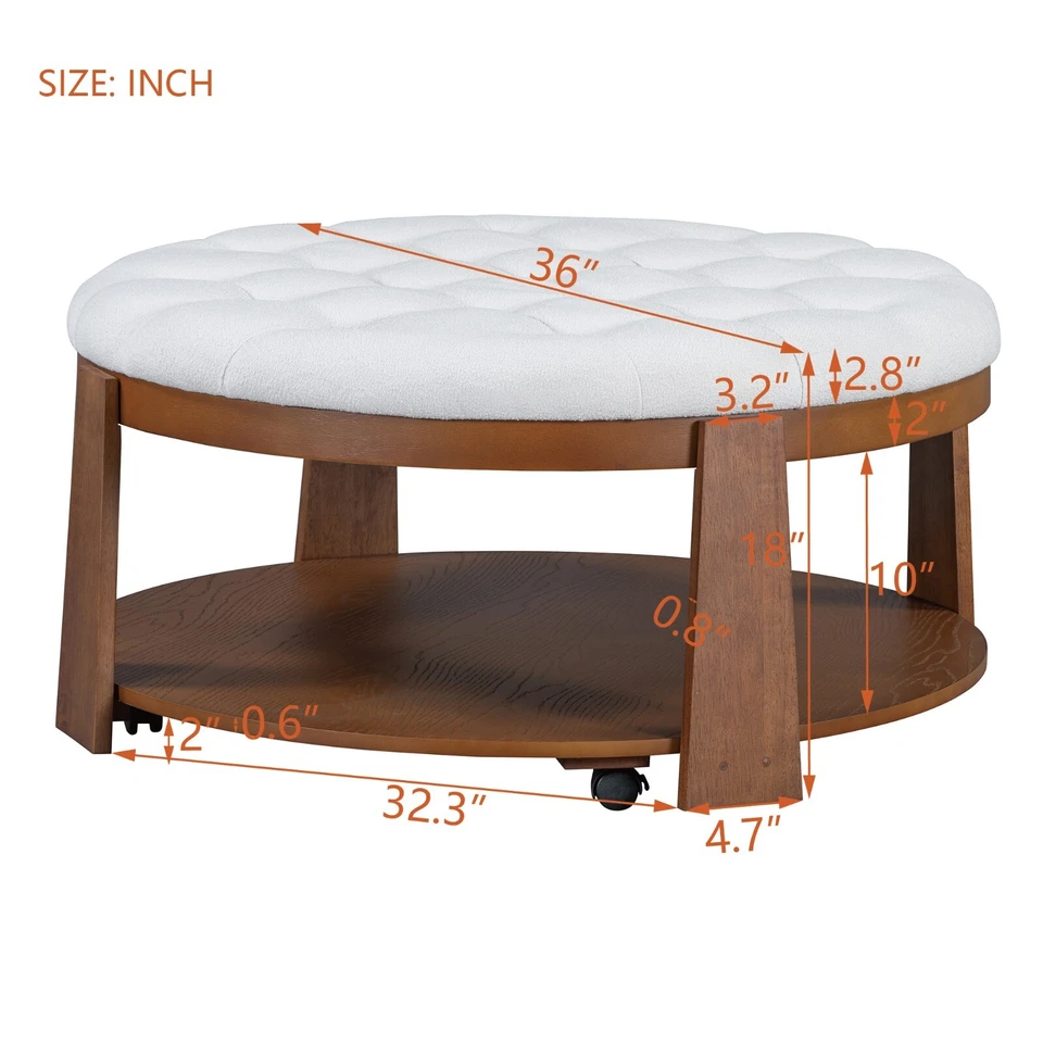Oversized Button Tufted Wheels Modern Ottoman Round Ottoman Coffee Table 2-Tier - Image 2 of 4