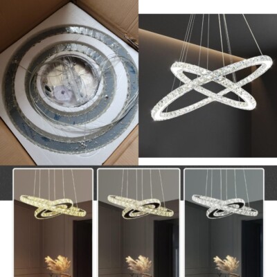Siljoy Modern LED Chandelier 2 Rings Ceiling Light Fixture with Top K9 Chande...