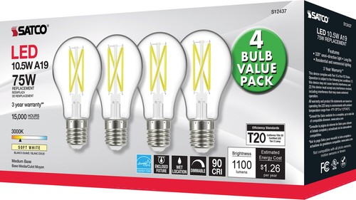 4 Pack LED Clear Filament Bulbs 120V 10.5W =75W A19 Medium E26 3000K Soft White - Picture 5 of 8