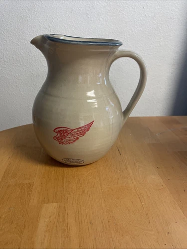 REDWING POTTERY STONEWARE PITCHER LARGE BLUE TRIM