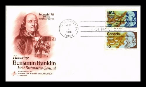 Dr Jim Stamps US & Canada Ben Franklin First Postmaster Joint Issue FDC ArtCraft