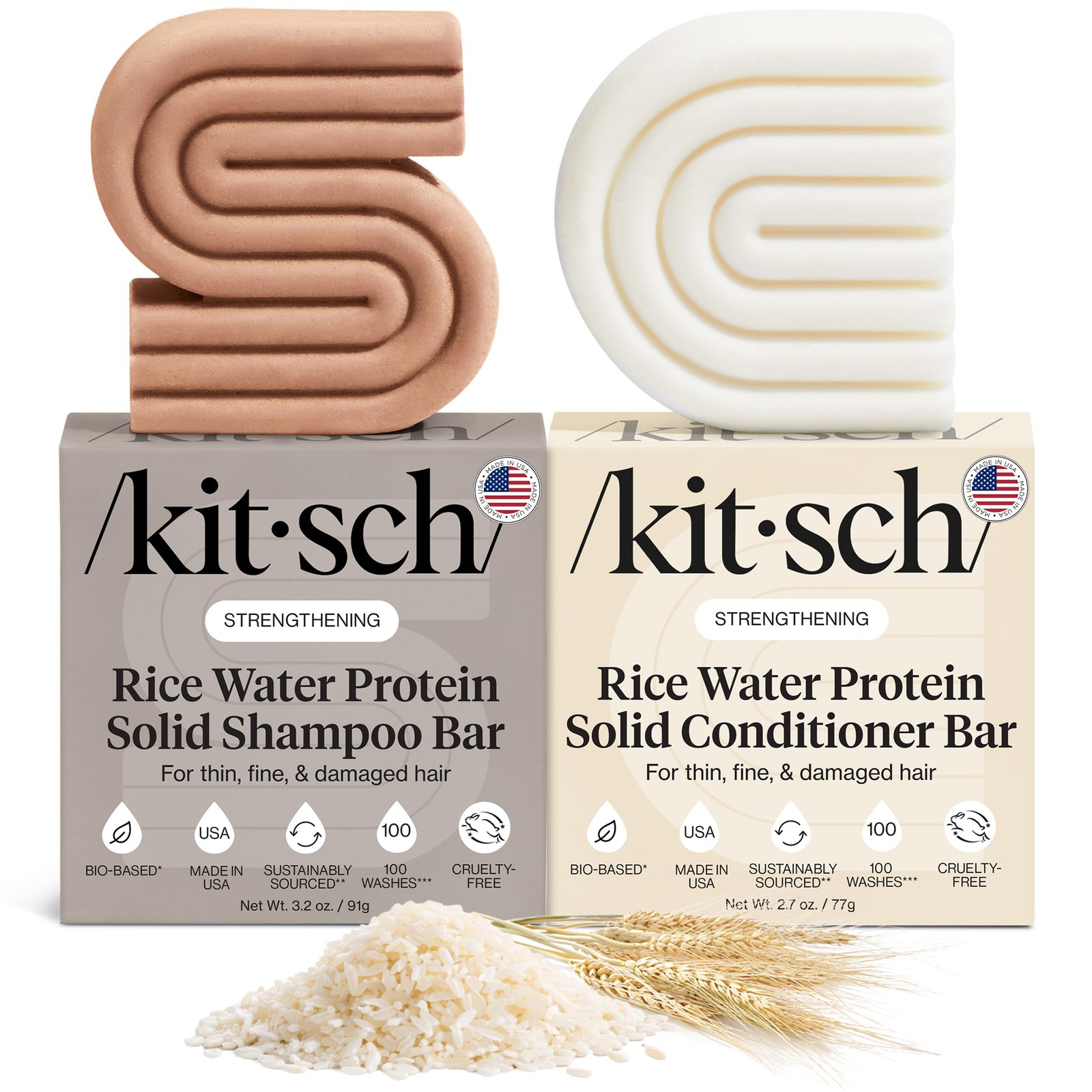 Kitsch Rice Water Protein Solid Shampoo and Conditioner Set for Hair Growth