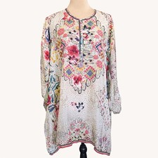 Johnny Was 100 Silk Boho Floral Tunic Top M Sheer Long Sleeve Hippie Blouse