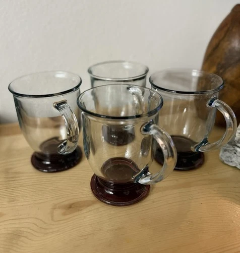 Vintage Anchor Hocking Clear & Cranberry Glass CoffeeCoco Mugs Set Of 4, Stamped
