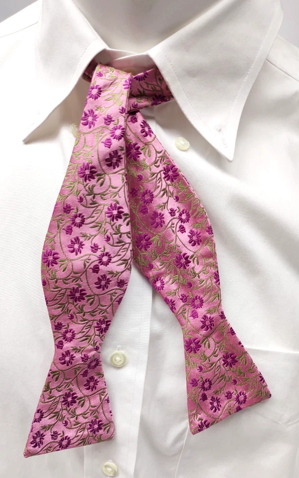 Countess Mara 100% Silk Handmade Pink FLoral Self Tie Adjustable Bow Tie Embroid - Image 2 of 4