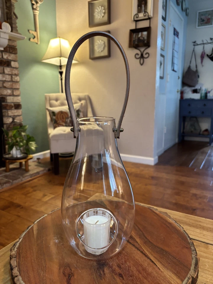 Pottery Barn Holmegaard 10” Glass Lantern W/Brown Leather Handle & Round Opening - Image 2 of 4