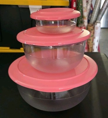Tupperware Table Top Collection Serving 3pc Bowl Set Clear Bowl Pink Seal New