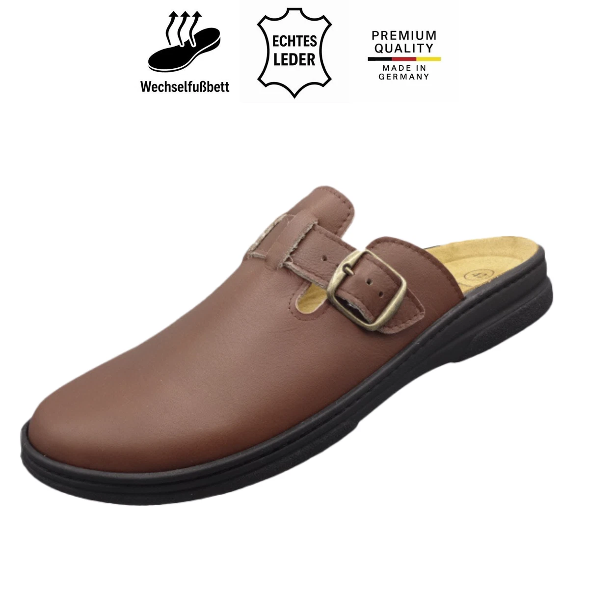 Algemare Herren Clog Braun Leder Wechselfußbett bequem 7990-34 Hausschuh 40-47