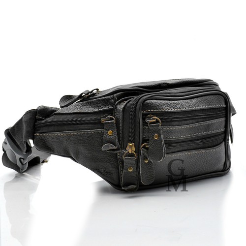 Uomo vera pelle marsupio borsa tracolla vita viaggio MULTI TASCHE nero vintage - Foto 6 di 10