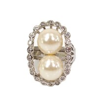 Double pearl ring with two white pearls and clear stones around setting Size 8