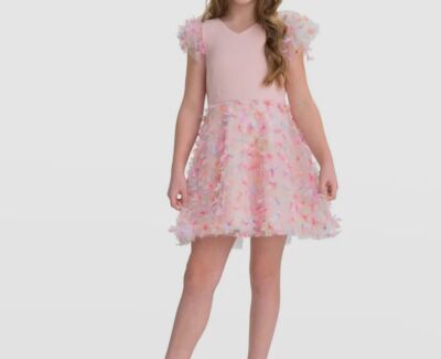 $205 Zoe Ltd Kids Girl Pink Rachel Knit Bodice 3D Bows Puff Sleeve Dress Size 14