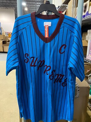 NEW 2017 SUPREME AD BASEBALL JERSEY PINSTRIPE SIZE Medium Blue