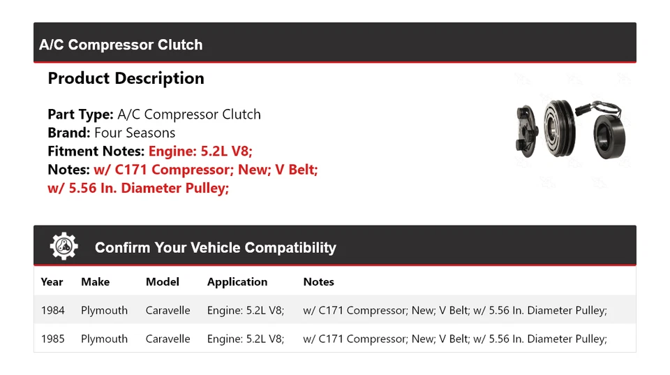 Embrague compresor aire acondicionado V8 5,2 L Plymouth Caravelle 1984-1985 4 estaciones Foto 2 de 4