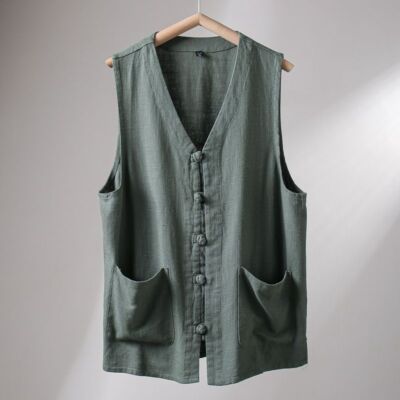 Mens Sleeveless Retro Style Vest Waistcoat Cotton Linen Button Pocket  Casual Top