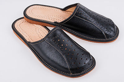 Men`s Leather Slippers 100%Black Natural Leather size:UK 6,7,8,9,10,11,12  UK - Main Image