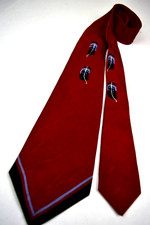 Neck Tie VTG 40s Wembley Pheasant Feathers Brocade Tie 50 x 3.5" Maroon Red Blue
