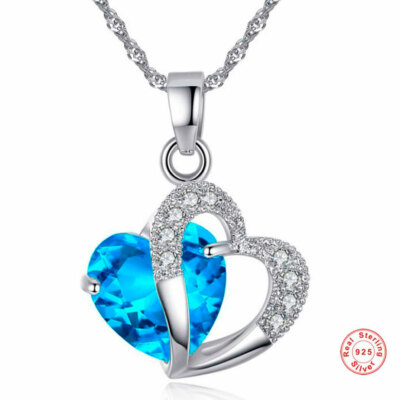 Mother's Day Gift 925 Sterling Silver Zircon BlueHeart Pendant Necklace Gift Bag