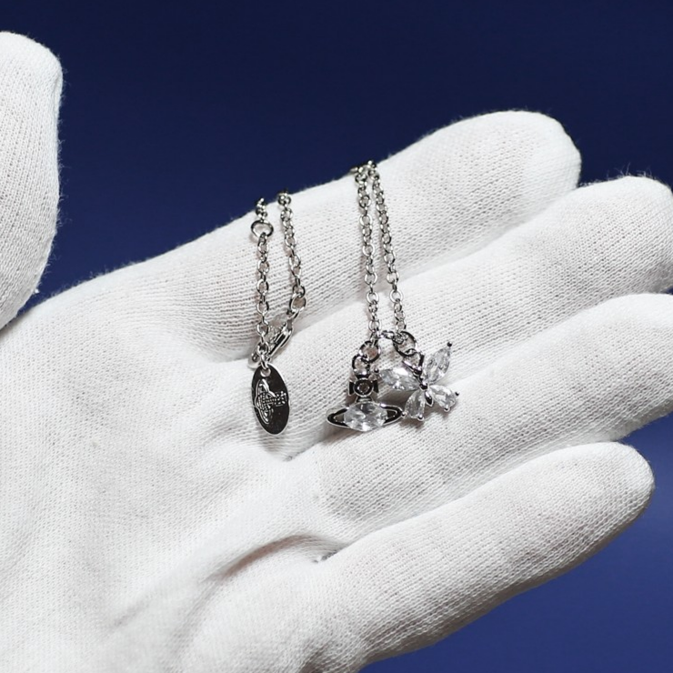 Vivienne Westwood Silver Tone Crystal Butterfly Saturn Orb