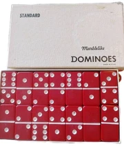 Vintage Red Bakelite Set of 28 Dominoes Game Pieces MCM original box  Marblelite