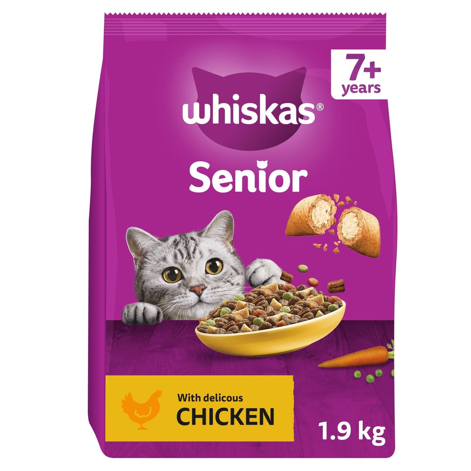 WHISKAS Senior Dry Cat Food 1.9kg with Chicken (Pack 1.9 kg of 4), red