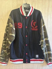 NWT Vintage Famous Stars & Straps Varsity Jacket Men’s 2XL Black Red & Camo Y2K