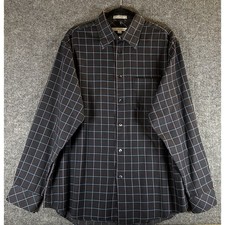 Geoffrey Beene Dark Navy Plaid Men Button Poplin Size Large 100 Cotton